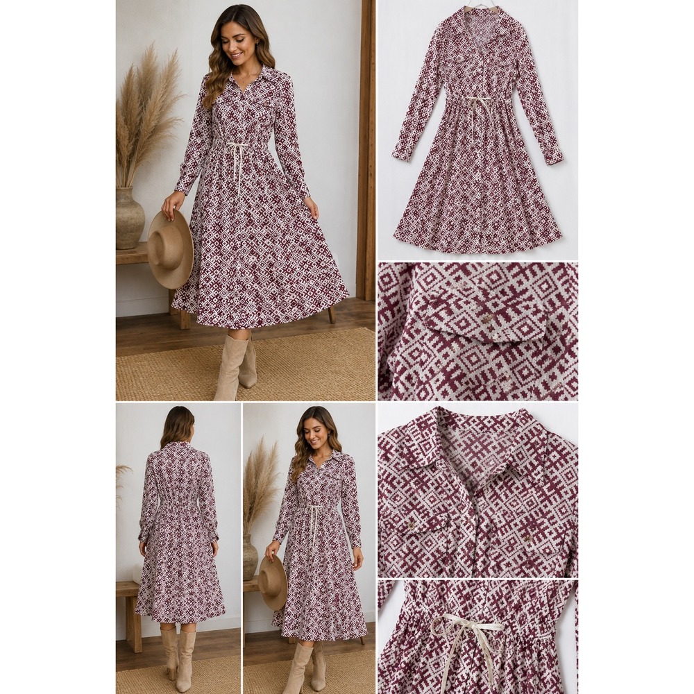 Womens Geometric Diamond Print Long Sleeve Button Down Midi Shirt Dress Burgundy